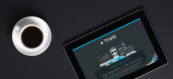 tablet showing tivo interface, coffee cup, millennials lifestyle